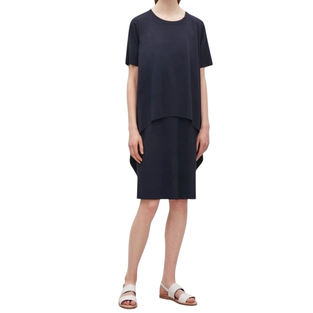 COS Navy circle cut layered crew neck shirt dress size XS excellent condition